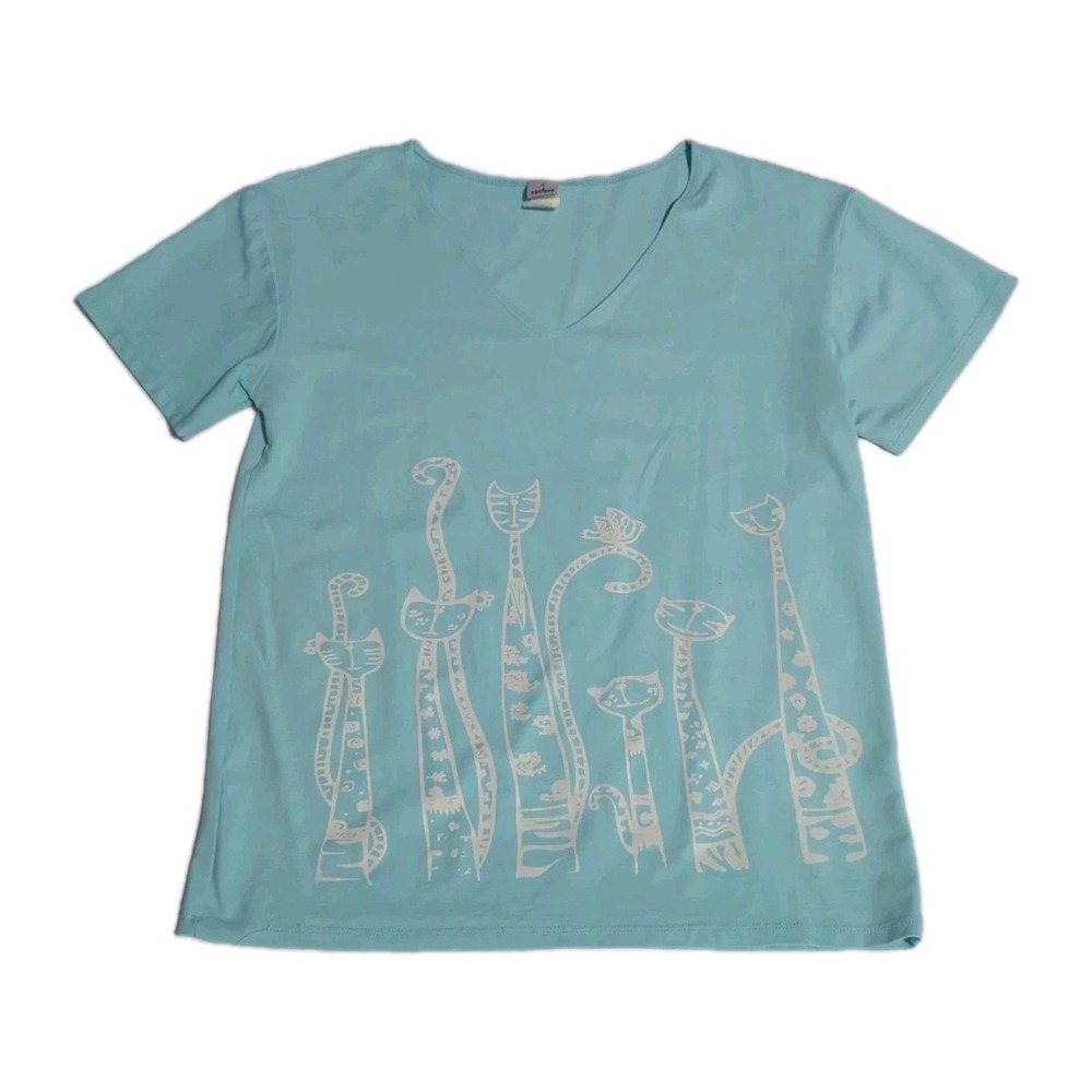 Vtg 90s Confess long neck Cat graphic Tee Kitsch whimsical art shirt catcore M